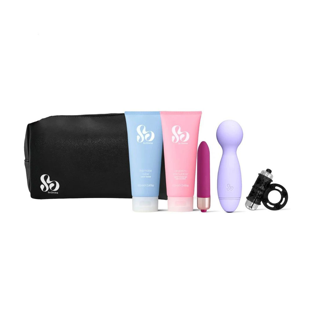 Набір для пар So Divine Pleasure Gift Set (вібратор, 1 шт + ерекційне кільце, 1 шт + віброкуля, 1 шт + гель, 100 мл + лубрикант, 100 мл + сумочка)